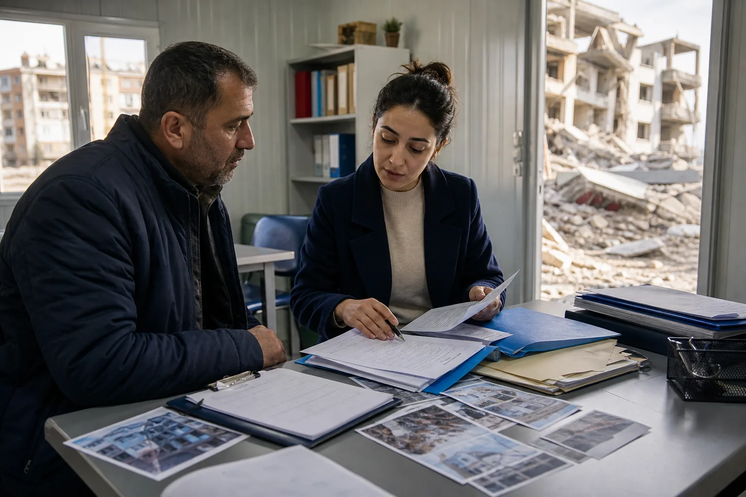 Deprem sonrası başvuru belgelerini düzenleyen vatandaş ve destek görevlisi