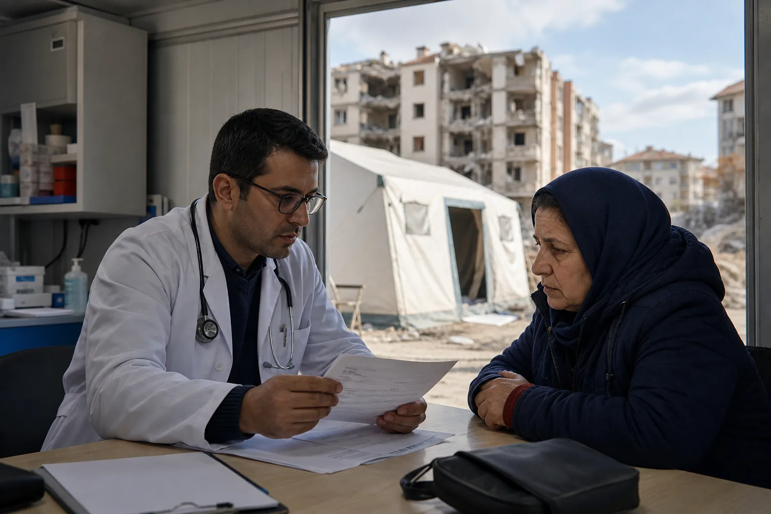 Geçici sağlık biriminde doktor ve vatandaş tedavi belgelerini inceliyor