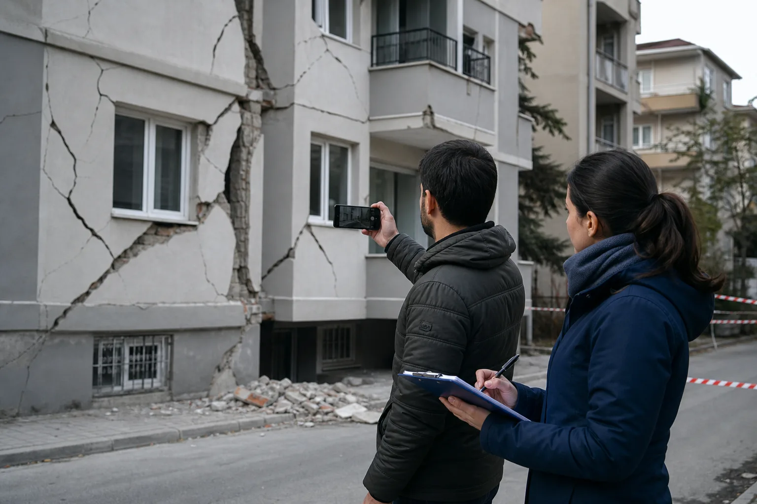 Deprem sonrası bir konutun hasarını belgeleyen vatandaş ve uzman